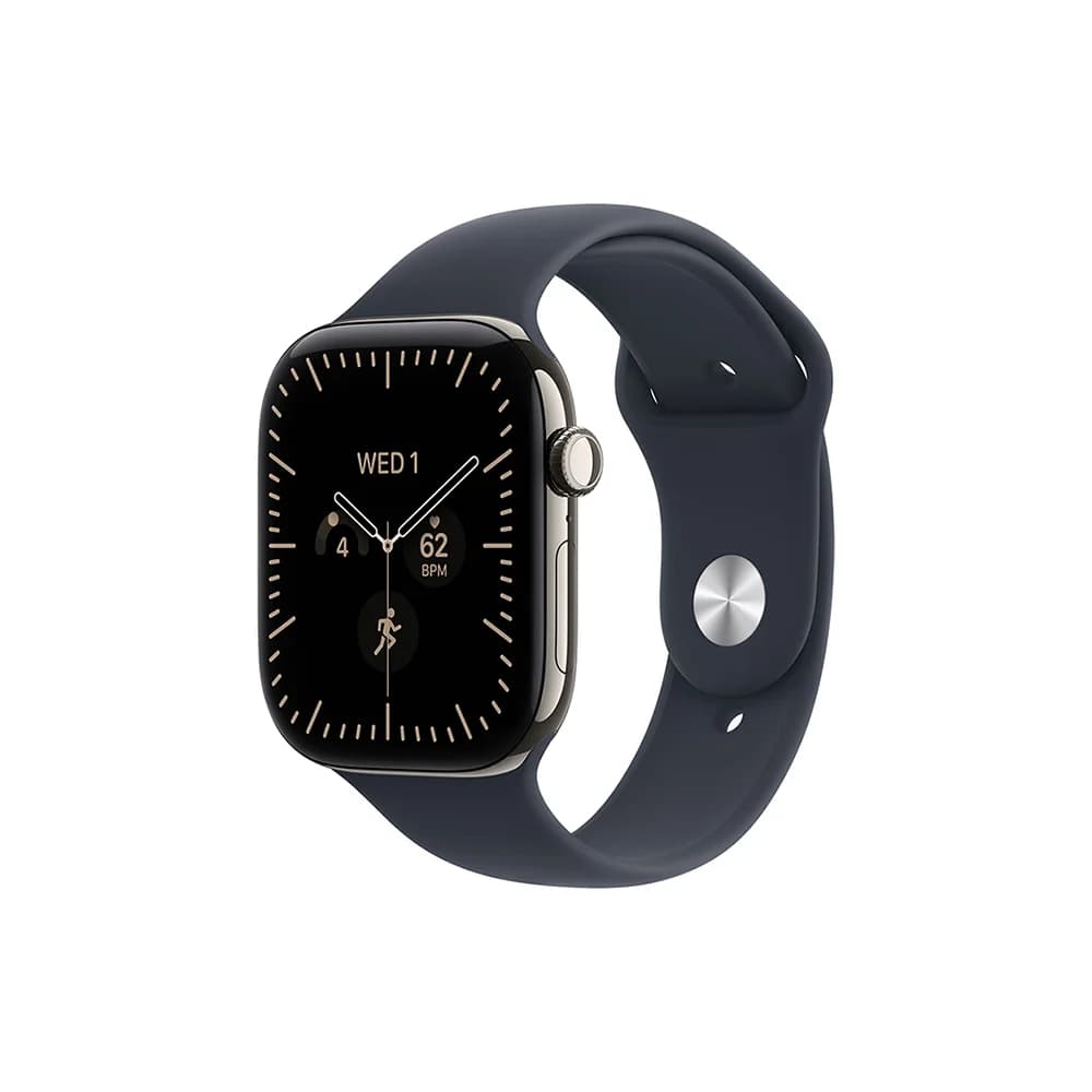 Apple Watch Series 12 GPS + Cellular · Titanium 42 mm – Natural · Navy Blue Sport Band - S/M