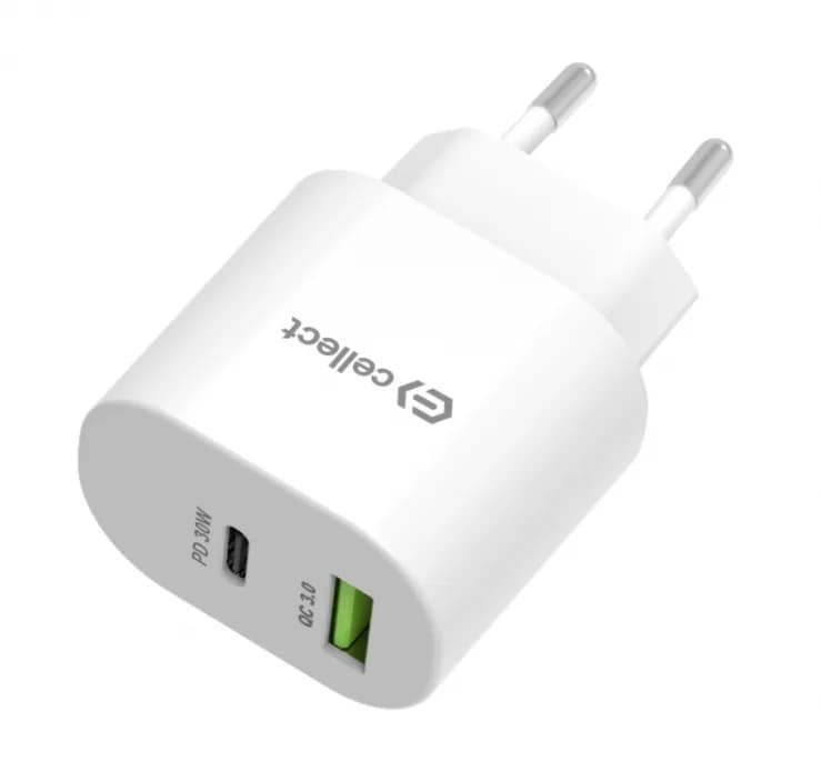 Cellect 30W hálózati gyorstöltő adapter, Fehér – termékfotó